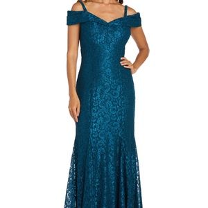 R & M Richards Off-The-Shoulder Lace Gown, Sparkling Marine Blue, Size 10